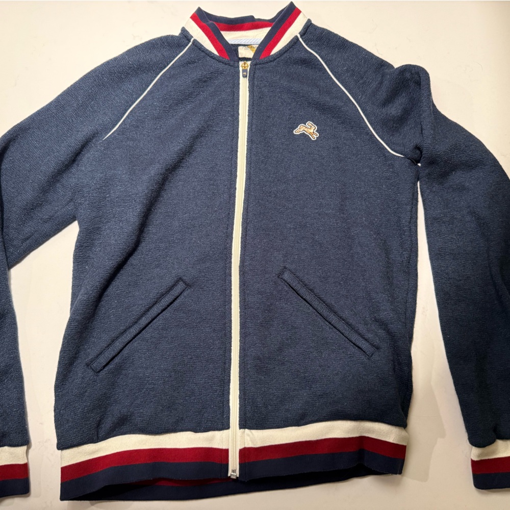 Tracksmith Navy Jacket with Red and Cream Accents